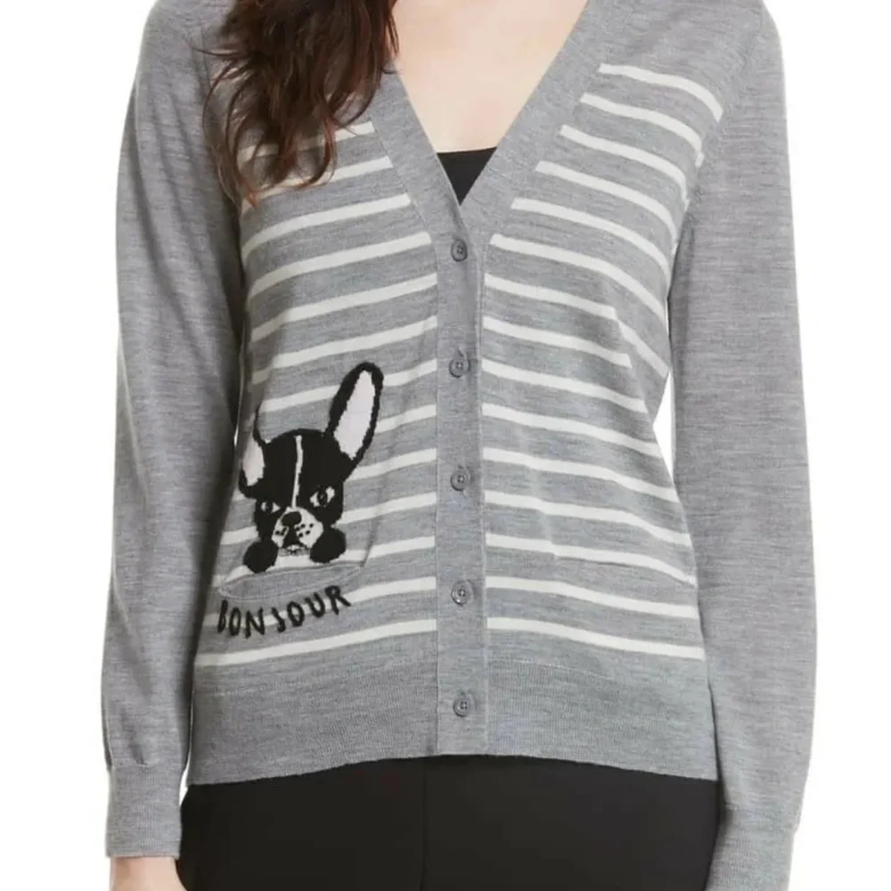 Kate Spade Broome Street Frenchie Bulldog Antoine Gray Wool Cardigan Sweater